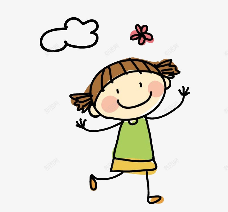 简笔小女孩png免抠素材_新图网 https://ixintu.com 云朵 卡通 可爱 女孩 手绘 粉色 绿色 花朵 黄色