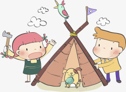 卡通斧头搭帐篷的男孩和女孩高清图片