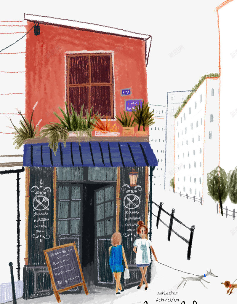 手绘城市街角咖啡厅png免抠素材_新图网 https://ixintu.com 咖啡厅 城市 手绘 街角咖啡厅