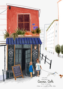 手绘城市街角咖啡厅素材