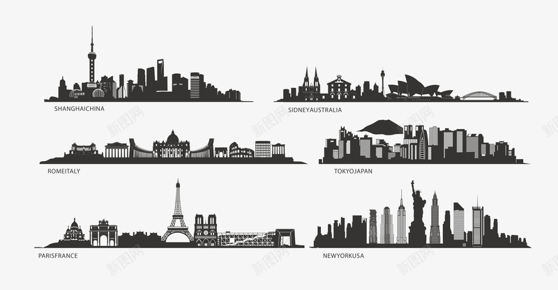 多款城市建筑剪影png免抠素材_新图网 https://ixintu.com 剪影元素 城市建筑 金融海报设计素材
