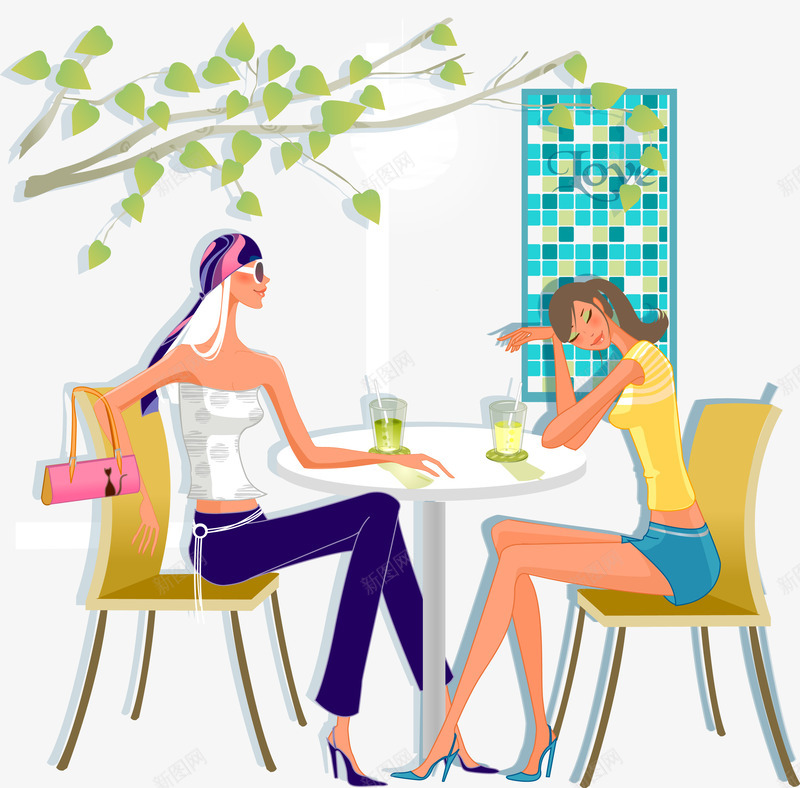 坐着喝饮料的两个画美女png免抠素材_新图网 https://ixintu.com 喝饮料的美女 坐着喝饮料的两个插画美女 时尚美女 时髦女人