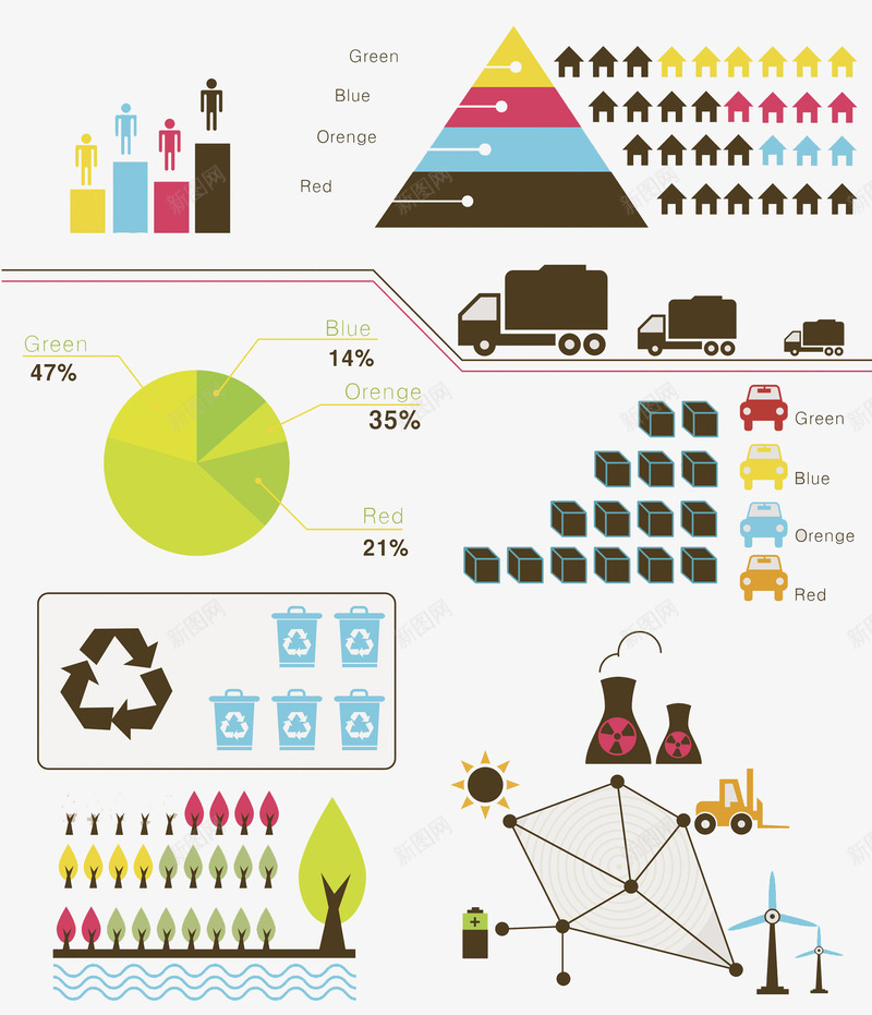 彩色图表png免抠素材_新图网 https://ixintu.com 三角形 图表 垃圾桶 循环标志 房子 手绘 树木 货车