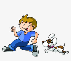 跑的气喘吁吁的男孩被小狗追着跑的男孩高清图片