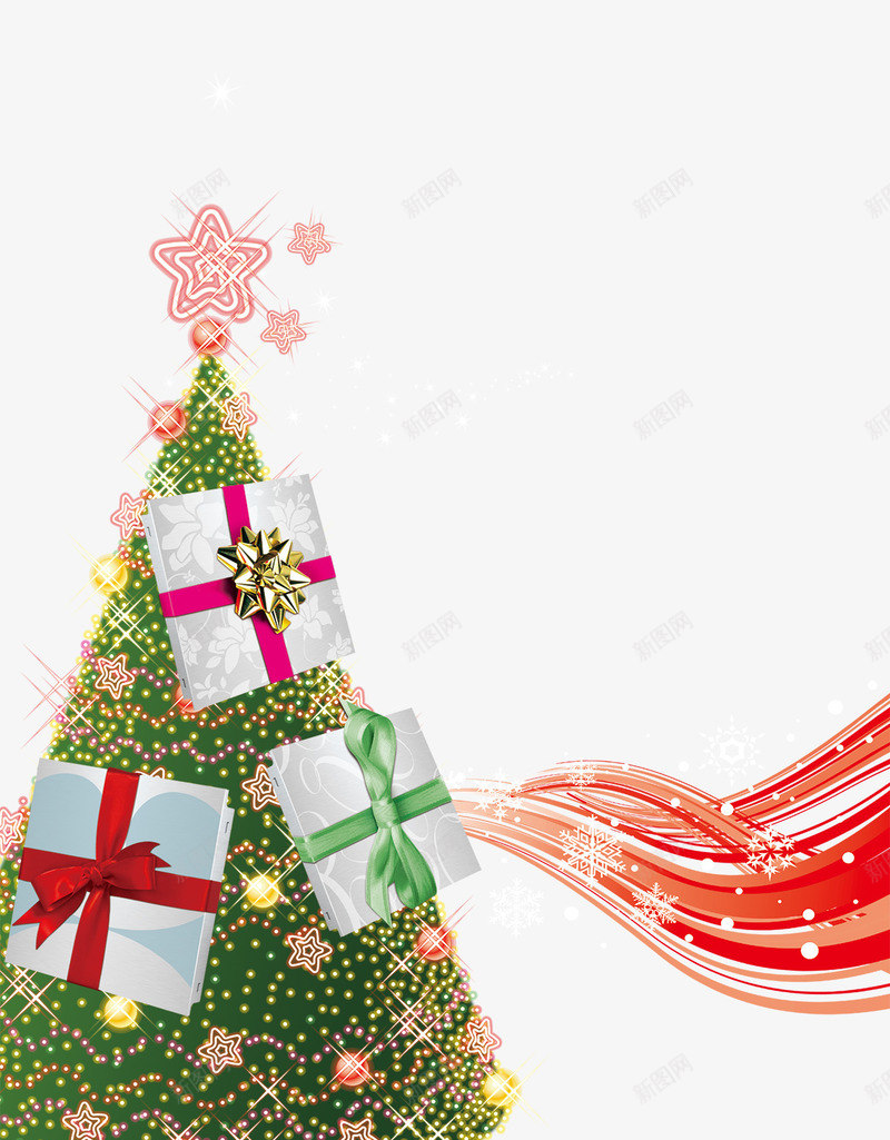 圣诞psd免抠素材_新图网 https://ixintu.com 圣诞树 彩带 星光 星星 礼物盒 雪花