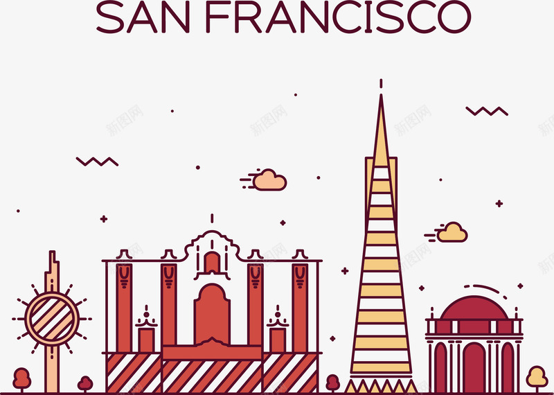 旧金山街景png免抠素材_新图网 https://ixintu.com 云朵 手绘 旧金山 时钟 树木 窗户 红色 高楼