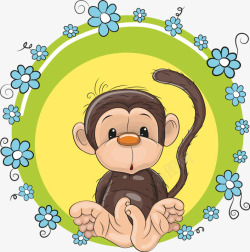蓝色猴子坐在花环里的小猴高清图片