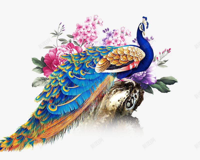 中国风孔雀psd免抠素材_新图网 https://ixintu.com 中国风 孔雀 树枝 花卉