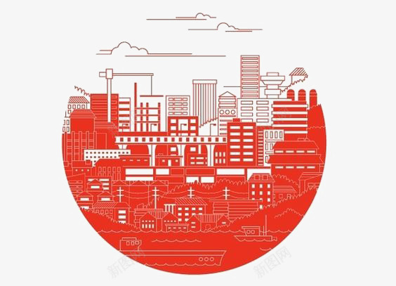 创意城市png免抠素材_新图网 https://ixintu.com 云朵 工厂 繁华城市 红色 高楼大厦