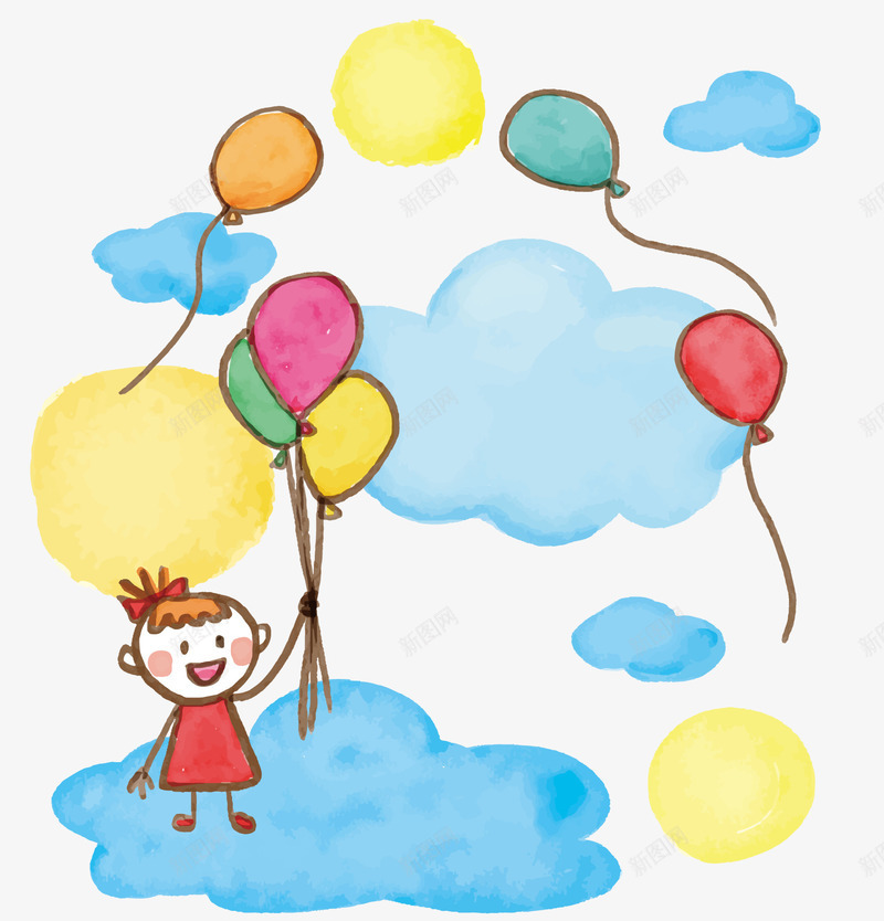 卡通云朵上的小女孩与气球png免抠素材_新图网 https://ixintu.com 卡通人物 彩色气球 水彩绘 背景装饰 蓝色云朵