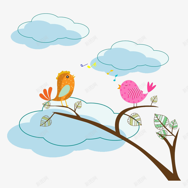 手绘风景png免抠素材_新图网 https://ixintu.com 一对小鸟 云朵 手绘 树叶 树干 树枝 蓝色