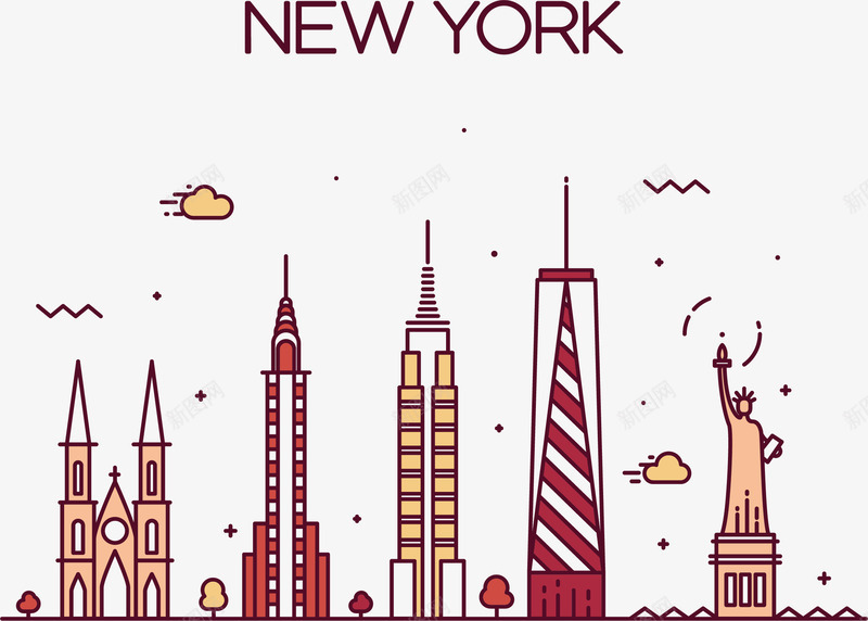 纽约街景png免抠素材_新图网 https://ixintu.com 云朵 手绘 火炬 红色 自由女神像 高楼大厦