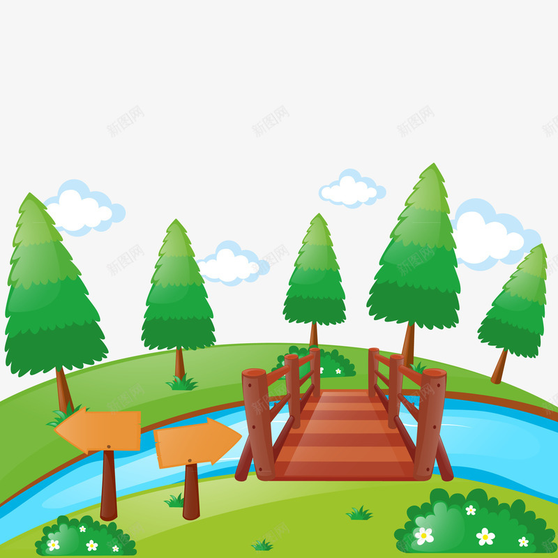 自然背景png免抠素材_新图网 https://ixintu.com 木桥 树木 白云 路牌