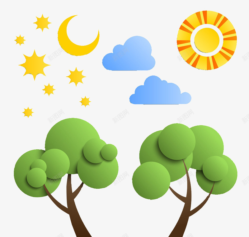 立体卡通树png免抠素材_新图网 https://ixintu.com 两棵树 太阳 月亮 白云