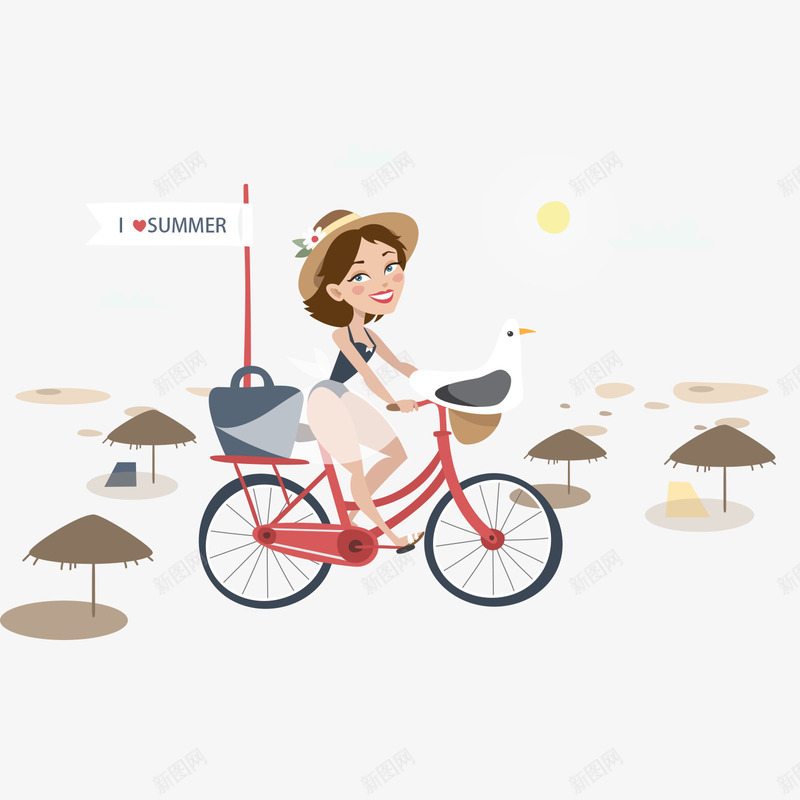 骑着策划兜风的女子png免抠素材_新图网 https://ixintu.com 兜风 卡通 手绘 旅行 沙滩 海边 红色自行车 美女