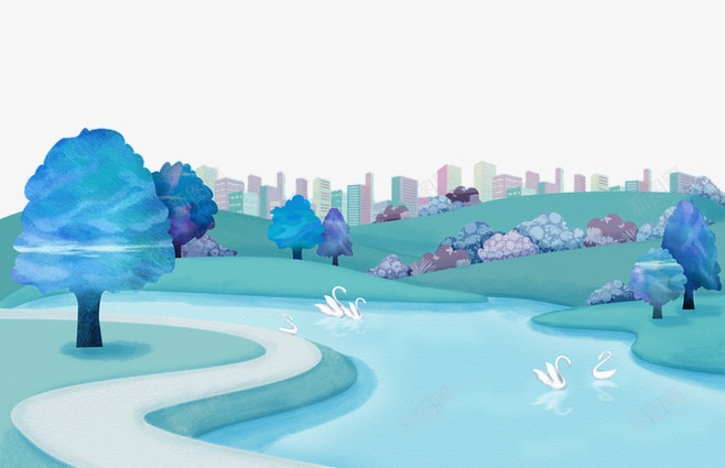卡通蓝色城市风景png免抠素材_新图网 https://ixintu.com 城市建筑 树木 河流 蓝色 风景画