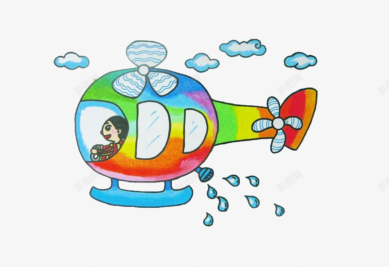 卡通彩绘飞机洒水png免抠素材_新图网 https://ixintu.com 云朵 卡通 小孩子画画 彩绘 彩色 洒水 飞机