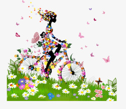 骑花朵自行车的女孩子少女插画素材