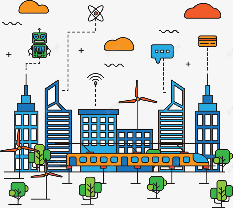 扁平化城市风景png免抠素材_新图网 https://ixintu.com 云朵 地铁 城市 扁平化 树木 汽车 风景 风车 魅力城市