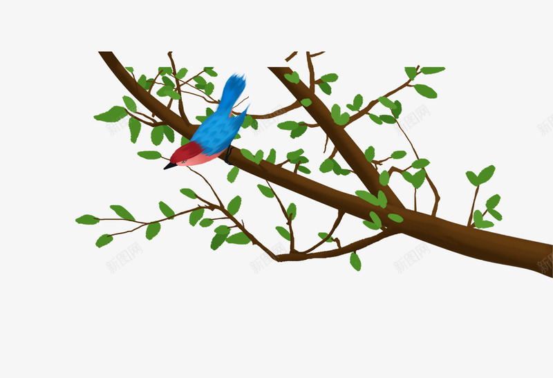 卡通手绘树枝上蓝色的鸟psd免抠素材_新图网 https://ixintu.com 卡通 手绘树 枝上蓝色的鸟 站立在树枝上的鸟 绿色的叶子