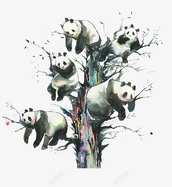 树枝上的熊猫图案png免抠素材_新图网 https://ixintu.com 动物 图案 旅行 树枝 水墨熊 水墨画 熊猫