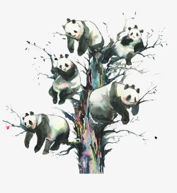 网页水墨画动物树枝上的熊猫图案高清图片