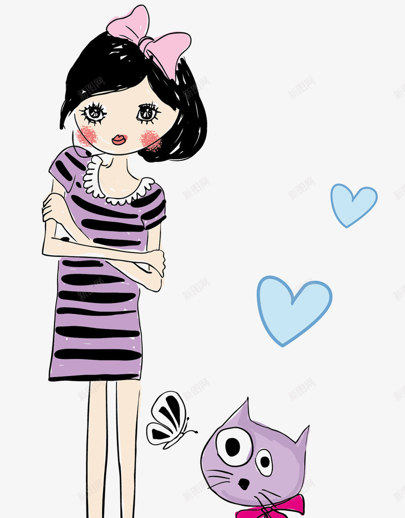 卡通手绘穿紫色裙子的女孩与猫咪png免抠素材_新图网 https://ixintu.com 儿童 动物 卡通人物 卡通女孩 卡通手绘穿紫色裙子的女孩与猫咪 女生 手绘女孩 猫咪 简笔画 素描 美女