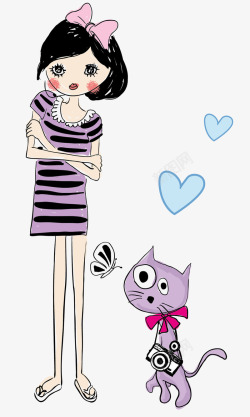 穿白裙美女卡通手绘穿紫色裙子的女孩与猫咪高清图片