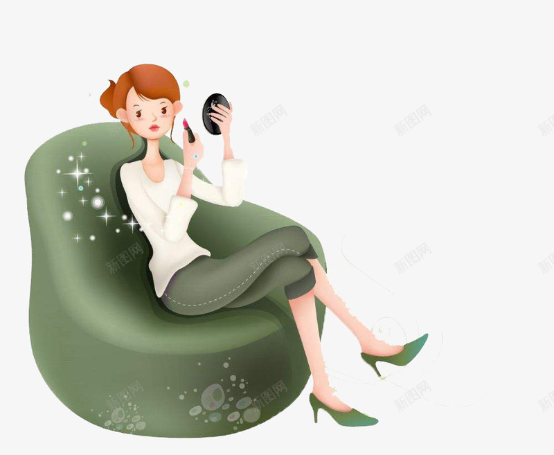 卡通坐着沙发上化妆的美女png免抠素材_新图网 https://ixintu.com 化妆 卡通 可爱 手绘 沙发 绿色 美女 舒适 躺在沙发上