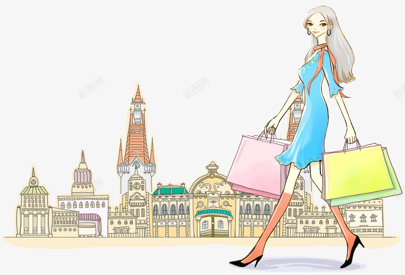 手拿购物袋的女性png免抠素材_新图网 https://ixintu.com 城市 女子 手绘