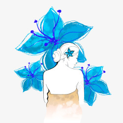 蓝色手绘花与美女素材