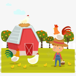 手绘农场矢量图手绘男孩与他的农场插画高清图片