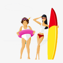 手绘瘦子胖美女和瘦美女海上冲浪高清图片