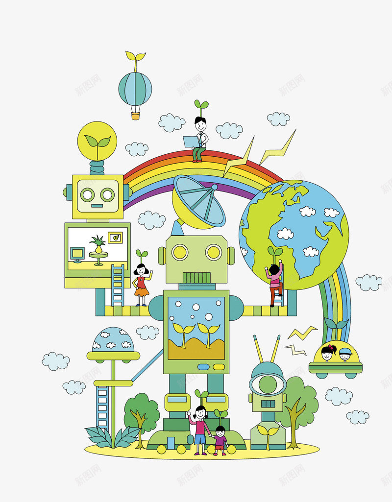 万能机器人png免抠素材_新图网 https://ixintu.com 云朵 卡通 地球 彩虹 手绘 机器人 电磁波 讯号 飞船