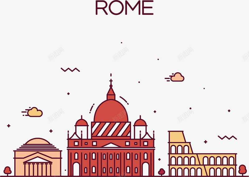 罗马街景png免抠素材_新图网 https://ixintu.com 云朵 城堡 建筑 手绘 窗户 红色 罗马式建筑