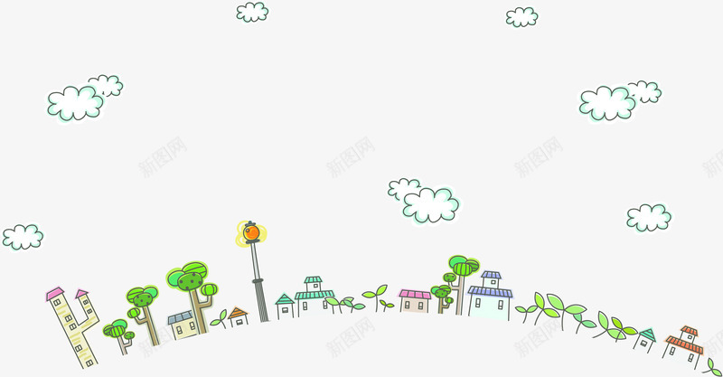 手绘绘画城市云朵png免抠素材_新图网 https://ixintu.com 云朵 城市 绘画