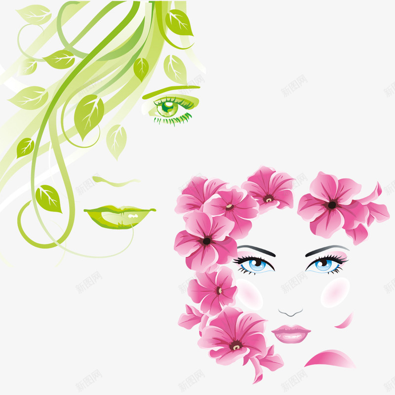 创意花卉女性头像png免抠素材_新图网 https://ixintu.com 创意 时尚女性头像 树蔓 绿叶 绿色动感线条 花卉 花朵 藤蔓