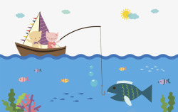 卡通鱼竿在大海中钓鱼高清图片