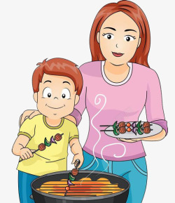阿里妈妈烧烤妈妈与儿子一起烧烤高清图片