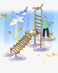 站在梯子上的人白云上的楼梯高清图片