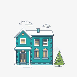 蓝色小房子卡通扁平化两层建筑屋高清图片