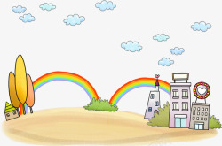 卡通彩虹与建筑高楼素材