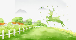 草地上的树木卡通手绘春季草地上奔跑的麋高清图片