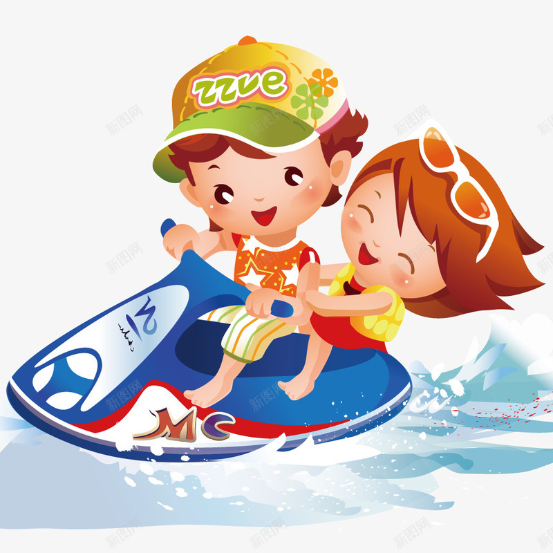 带着女孩骑摩托艇png免抠素材_新图网 https://ixintu.com 卡通 摩托艇 水上运动 矢量人物