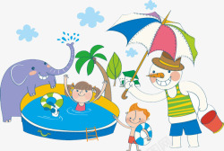 夏日树木两个小孩游泳卡通高清图片