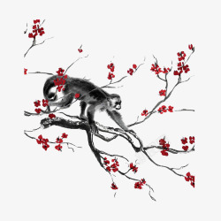 吊树枝的猴子中国风水墨画猴子爬树高清图片