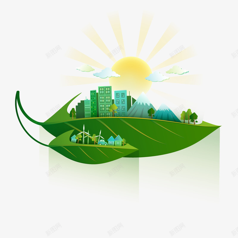 绿色城市png免抠素材_新图网 https://ixintu.com 太阳 有机城市 树叶 植物