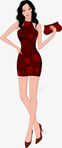 时尚甜美红色连衣裙手绘模特矢量图高清图片