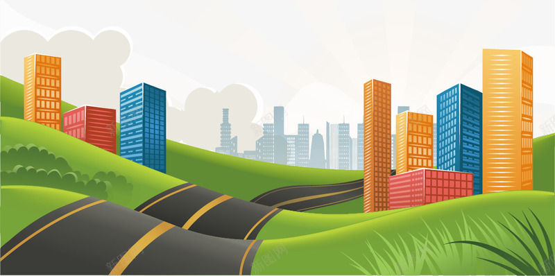 公路矢量图eps免抠素材_新图网 https://ixintu.com 云朵 小草 建筑 矢量公路 草地 矢量图