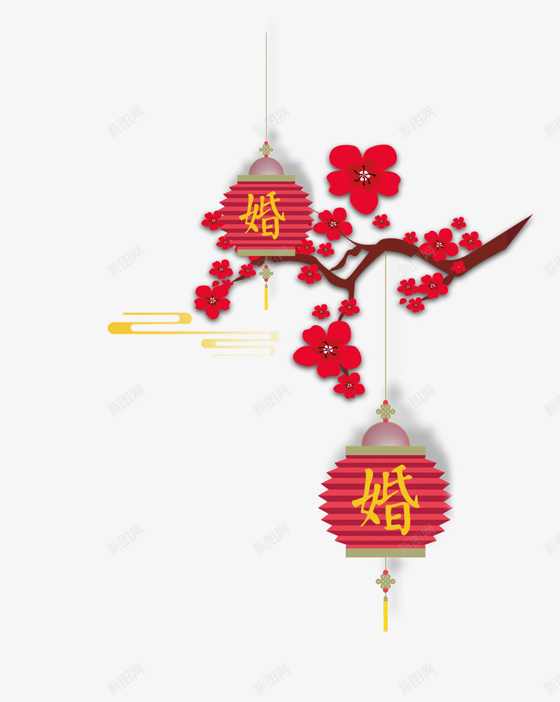 结婚装饰品红色桃花psd免抠素材_新图网 https://ixintu.com 手绘 树枝 桃花 氛围装饰品 灯笼 红色桃花 结婚装饰品 花朵